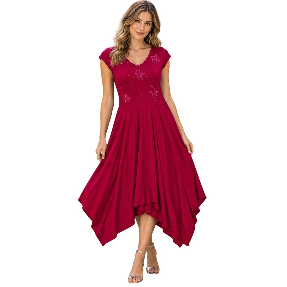 Y2K Red Handkerchief Dress L Beaded Star Embellished Ballroom Dance 90 Fairycore
